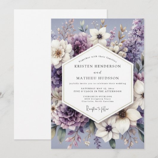 Lavender Floral Twilight Wedding 招待状 (正面/裏面)