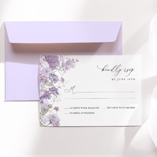 Lavender Floral Watercolor Elegant Wedding 出欠カード