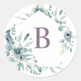 Lavender Floral Watercolor Wreath Monogram ラウンドシール