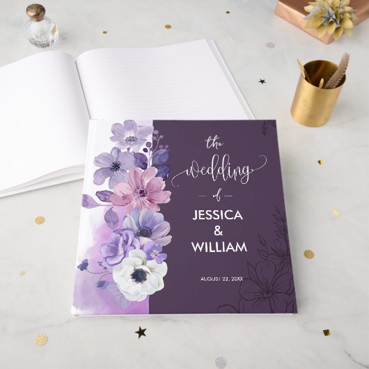 Lavender Floral Wedding Guest Book ゲストブック (正面見開き)