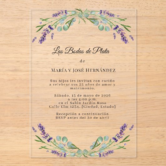 Lavender Florals Invitación Bodas de Plata アクリル招待状 (正面)