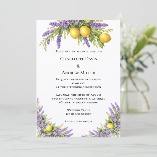 Lavender florals lemons wedding  招待状 (スタンド正面)