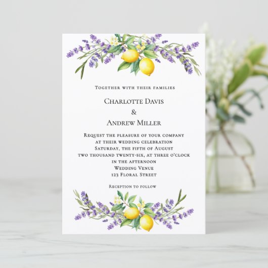 Lavender florals lemons wedding  招待状 (スタンド正面)