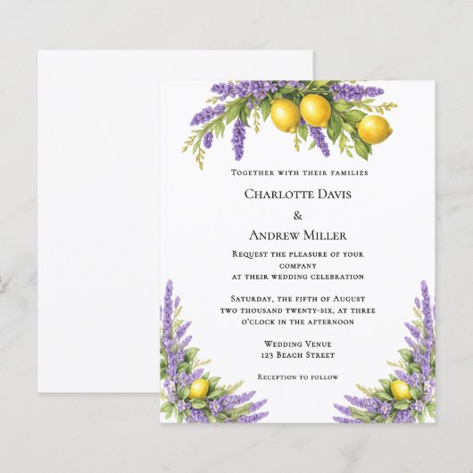 Lavender florals lemons wedding invitation (正面/裏面)