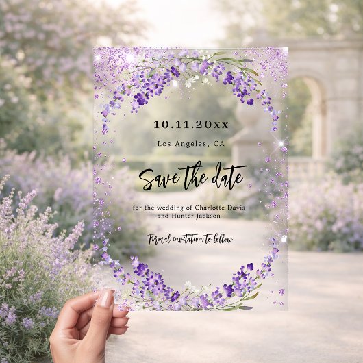 Lavender florals wedding Save the Date card アクリル招待状