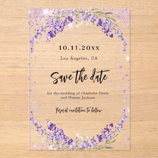 Lavender florals wedding Save the Date card アクリル招待状 (正面)