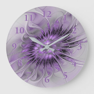 Lavender Flower Dream Modern Abstract Fractal Art ラージ壁時計