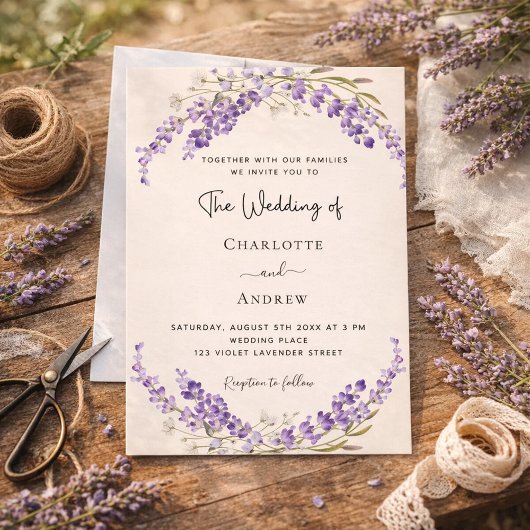 Lavender flowers champage cream wedding 招待状