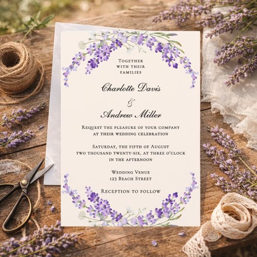 Lavender flowers champage cream wedding 招待状