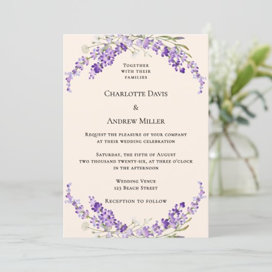 Lavender flowers champage cream wedding 招待状 (スタンド正面)