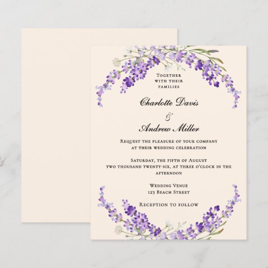 Lavender flowers champage cream wedding invitation (正面/裏面)