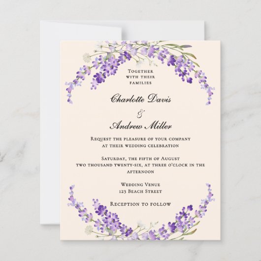 Lavender flowers champage cream wedding invitation (正面)