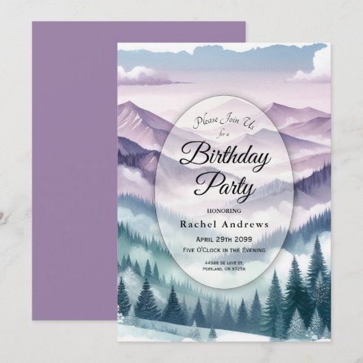 Lavender Frost in the Alpine Mist Birthday Party 招待状 (正面/裏面)