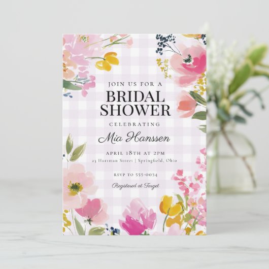 Lavender Gingham Spring Floral Bridal Shower 招待状 (スタンド正面)