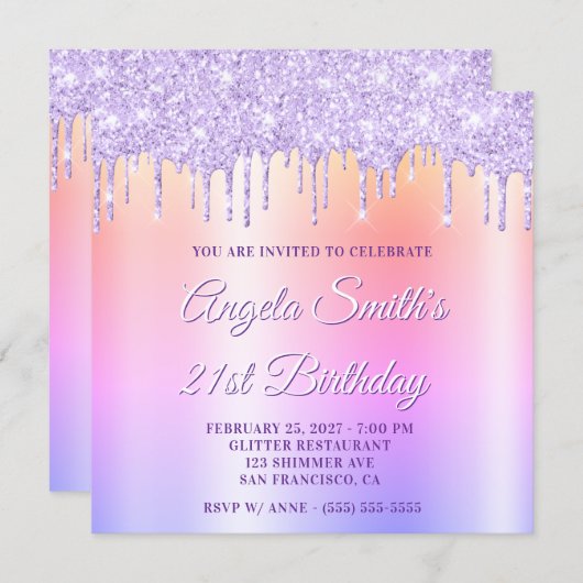 Lavender Glitter Drips Shimmer Drop Shadow 招待状 (正面/裏面)