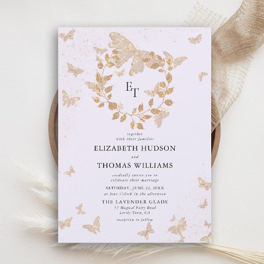 Lavender Gold Butterflies Eucalyptus Crest Wedding 招待状