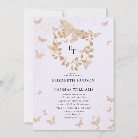 Lavender Gold Butterflies Eucalyptus Crest Wedding 招待状 (正面)