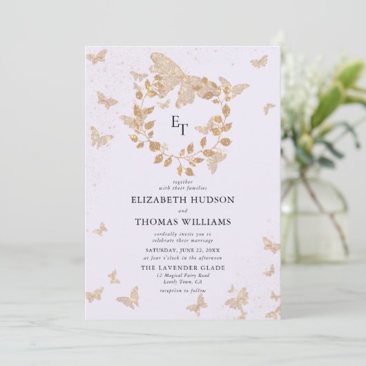 Lavender Gold Butterflies Eucalyptus Crest Wedding 招待状 (スタンド正面)