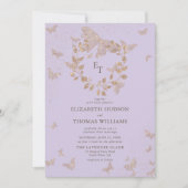 Lavender Gold Butterflies Monograms Wreath Wedding 招待状 (正面)