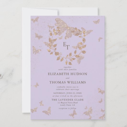 Lavender Gold Butterflies Monograms Wreath Wedding 招待状 (正面)