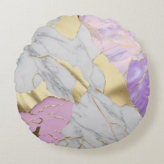 Lavender & Gold Marble Luxe ラウンドクッション (正面)