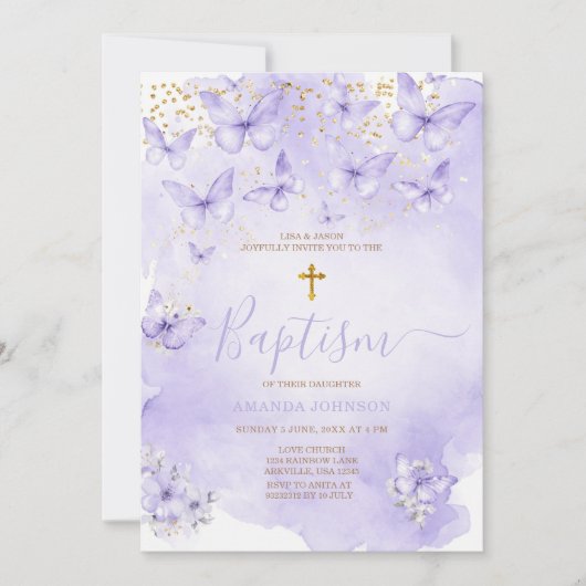 Lavender Gold Purple Butterfly Baptism Invitation 招待状 (正面)