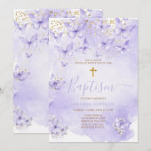 Lavender Gold Purple Butterfly Baptism Invitation 招待状 (正面/裏面)