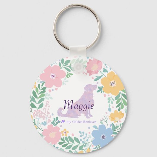 Lavender Golden Retriever Silhouette Wreath Photo キーホルダー (正面)