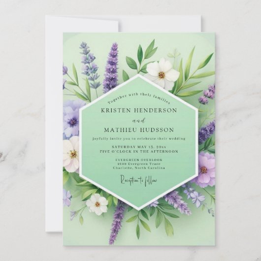 Lavender Green Floral Whimsy Wedding 招待状 (正面)