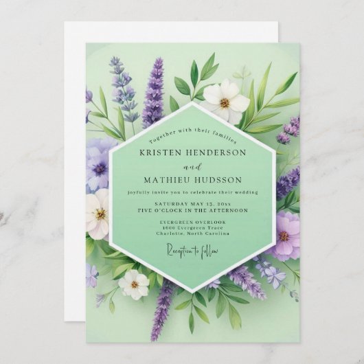 Lavender Green Floral Whimsy Wedding 招待状 (正面/裏面)