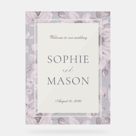 Lavender Grey Floral Acrylic Wedding Welcome Sign アクリルサイン (正面)