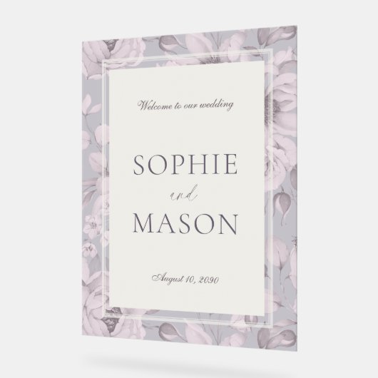Lavender Grey Floral Acrylic Wedding Welcome Sign アクリルサイン (傾斜)