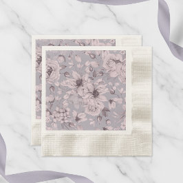 Lavender Grey Floral Watercolor 縁ありカクテルナプキン