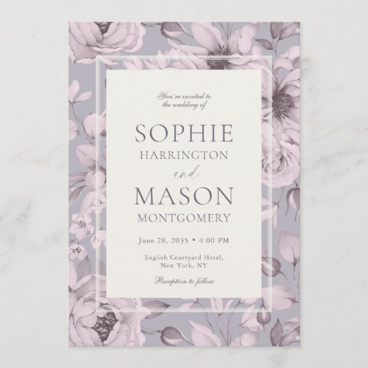 Lavender Grey Floral Wedding 招待状 (正面)