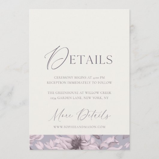 Lavender Grey Floral Wedding Details Card 招待状 (正面)