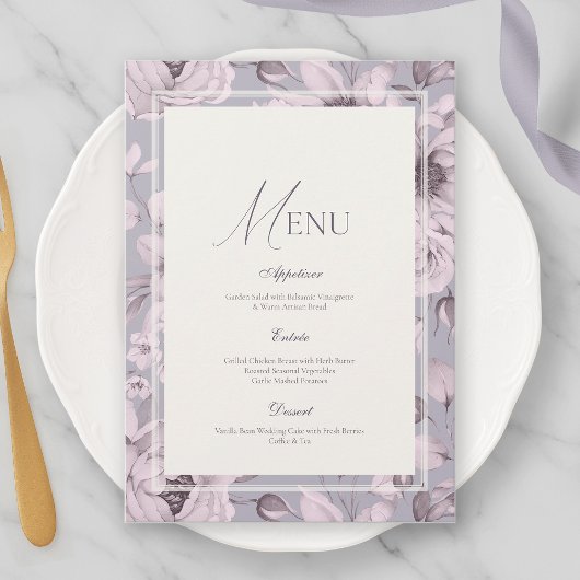 Lavender Grey Floral Wedding Menu 招待状