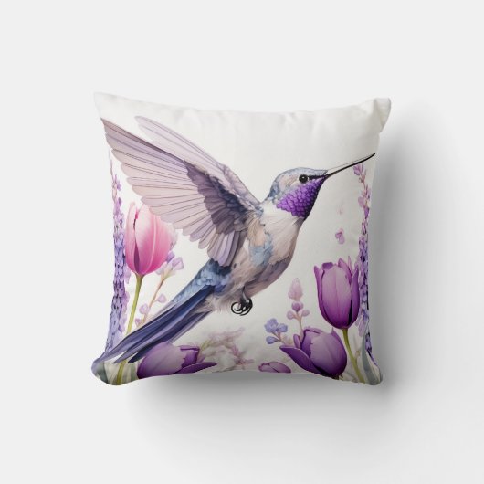 Lavender Hummingbird Illustration クッション (正面)