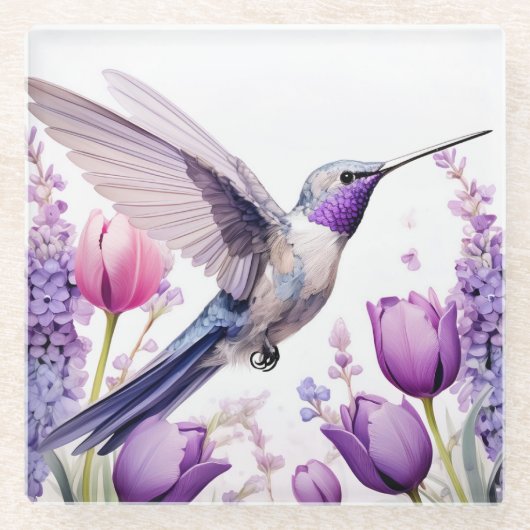Lavender Hummingbird surrounded by flowers ガラスコースター (正面)