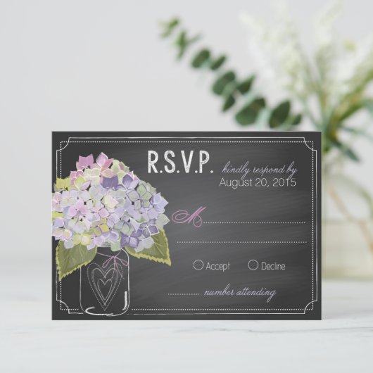 Lavender Hydrangeas Chalkboard RSVPカード (スタンド正面)