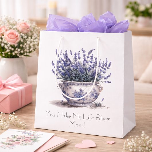 Lavender in Delft Blue, customizable ミディアムペーパーバッグ