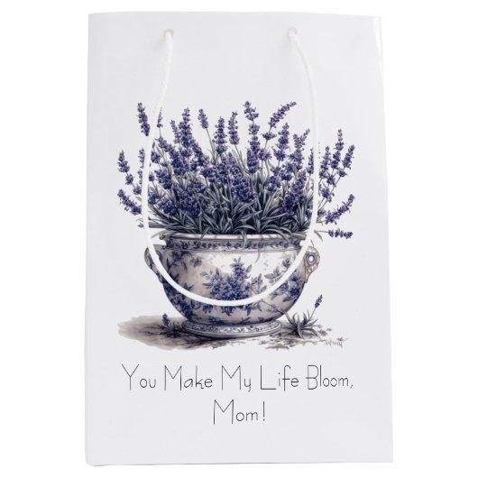 Lavender in Delft Blue, customizable  ミディアムペーパーバッグ (正面)