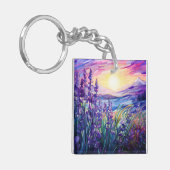 Lavender in field, mountain background keychain キーホルダー (正面左)