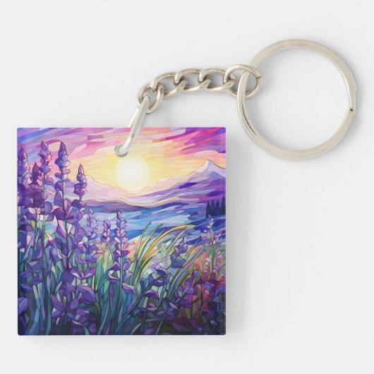 Lavender in field, mountain background keychain キーホルダー (裏面)