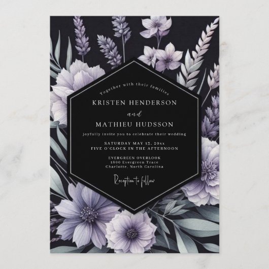 Lavender Inky Floral Wedding 招待状 (正面)