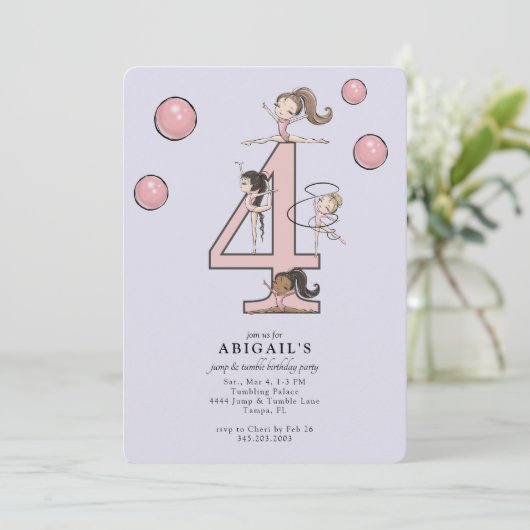 Lavender Jump & Tumble Gymnastics 4th Birthday 招待状 (スタンド正面)