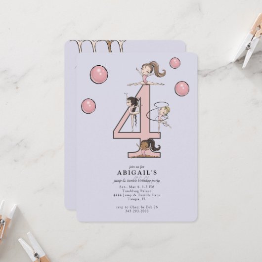 Lavender Jump & Tumble Gymnastics 4th Birthday 招待状 (正面/裏面インサイチュ)