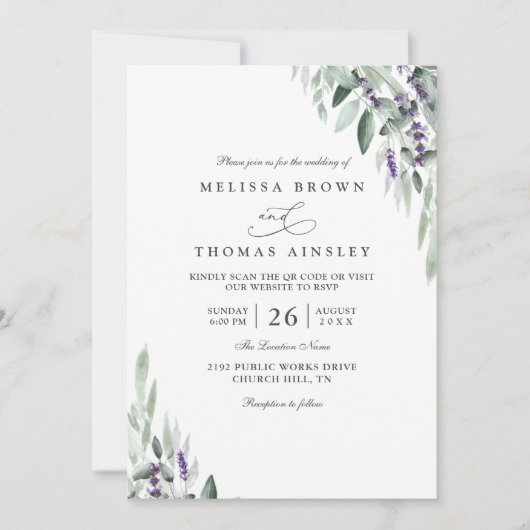 Lavender Leaves Rustic Elegant QR Code Wedding 招待状 (正面)
