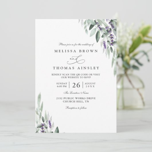Lavender Leaves Rustic Elegant QR Code Wedding 招待状 (スタンド正面)