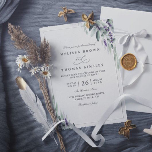 Lavender Leaves Rustic Elegant QR Code Wedding 招待状