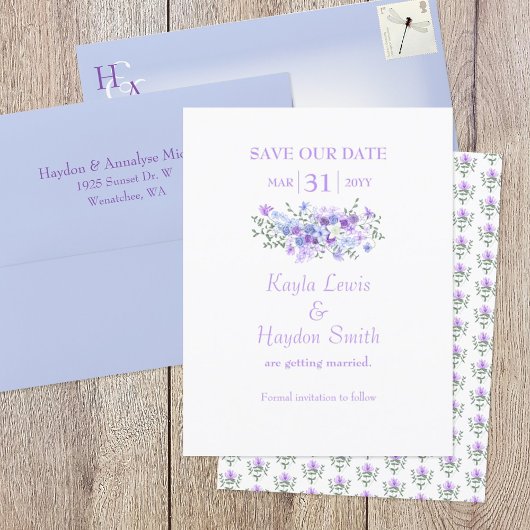 Lavender, Light Blue Bouquet Wedding Save the Date 招待状
